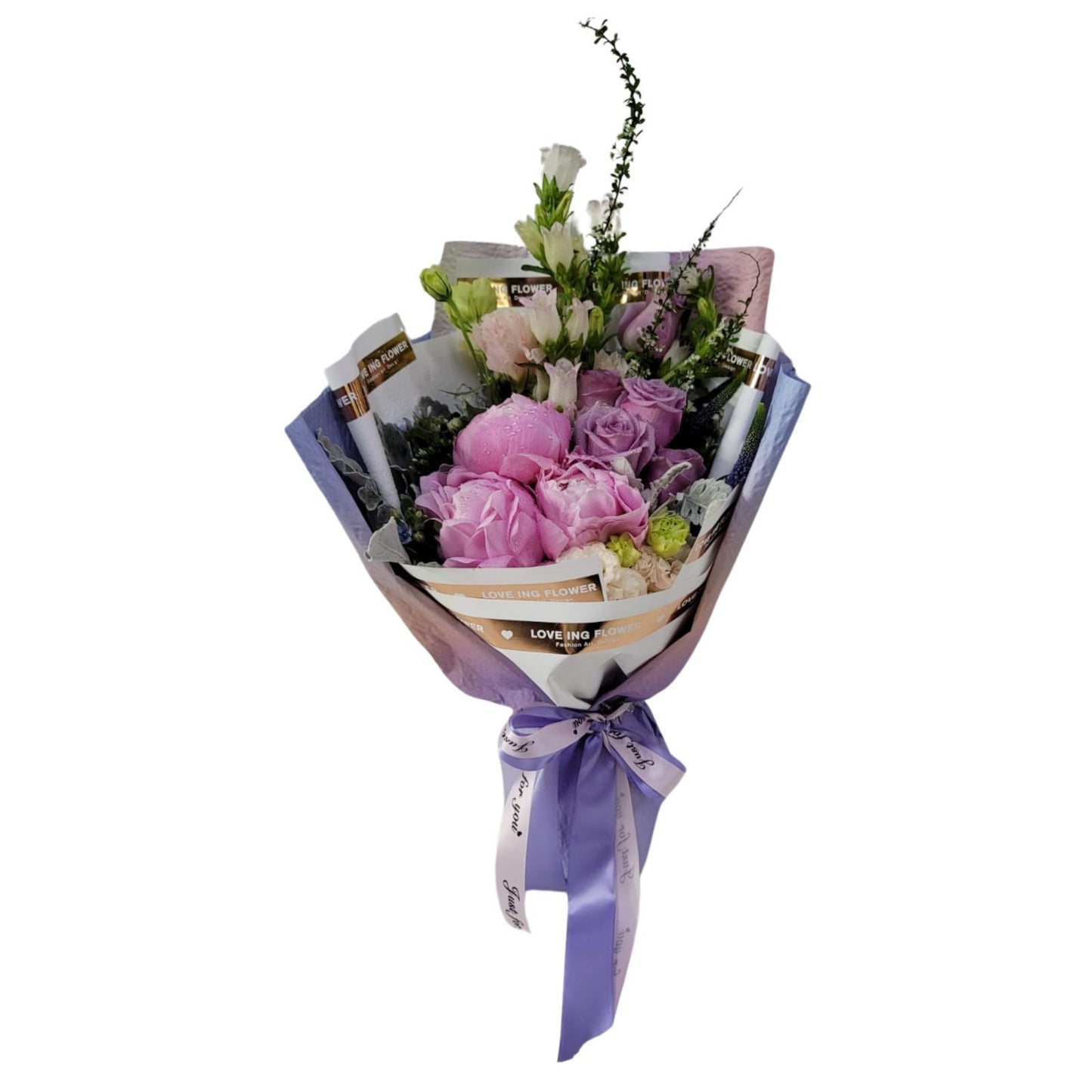 格蘭花店 - 愛慕 鮮花花束 (荷蘭牡丹3枝、紫玫瑰6枝、桔梗及其襯花) [GF00317]