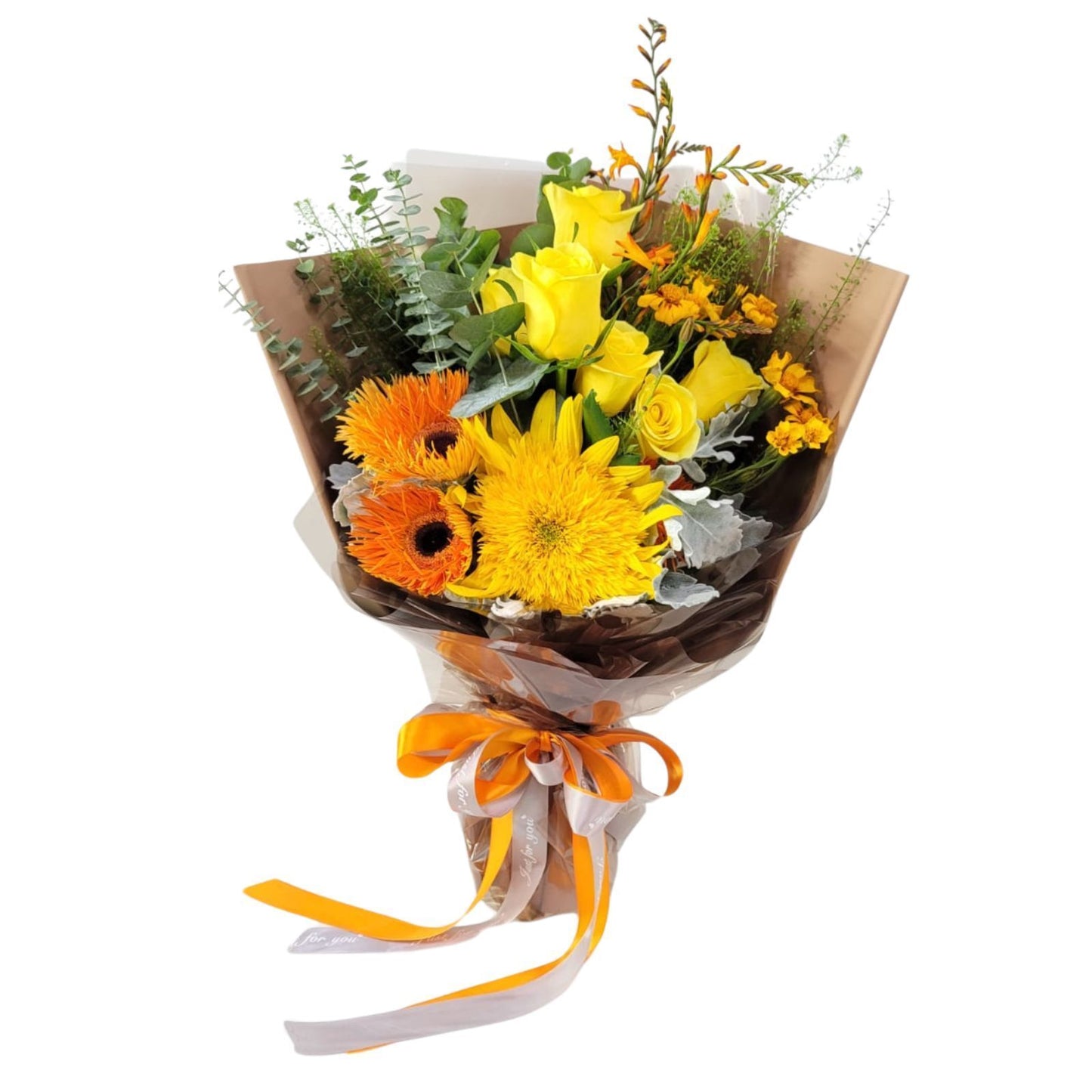 格蘭花店 - 您是我的太陽 鮮花花束 (向日葵1支、太陽花2支、玫瑰6支 火焰蘭及其襯花) [GF00320]