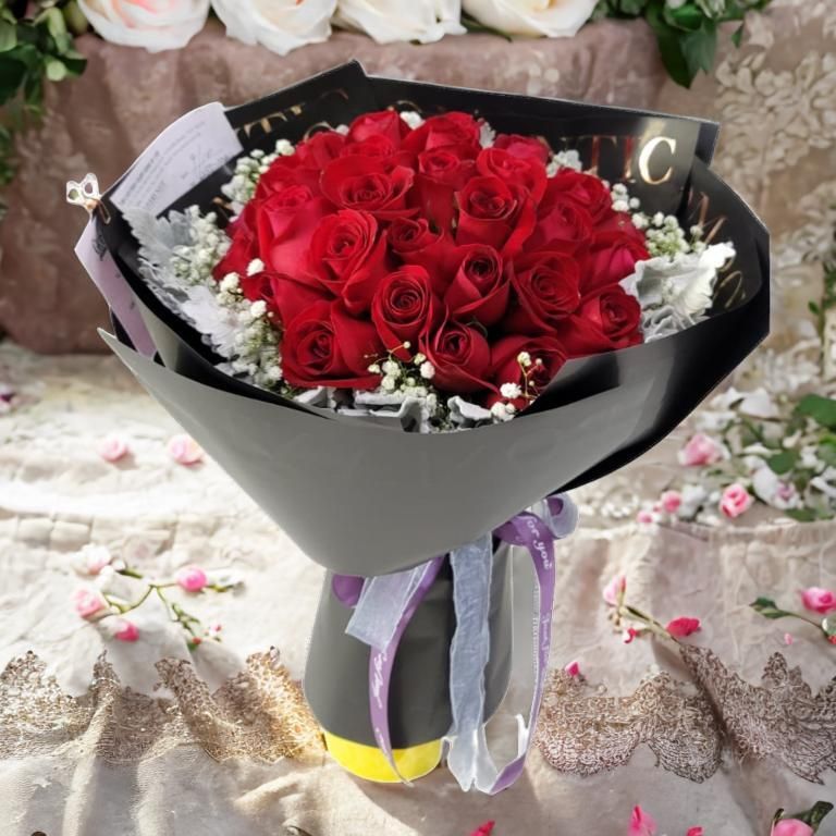 格蘭花店 - 情深的愛 鮮花花束 (紅玫瑰50支、滿天星及其他襯花) [GF00323]