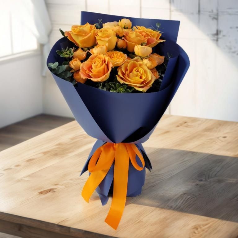 格蘭花店 - 甜蜜 鮮花花束 (橙玫瑰6枝、多頭橙小玫瑰3枝) [GF00324]