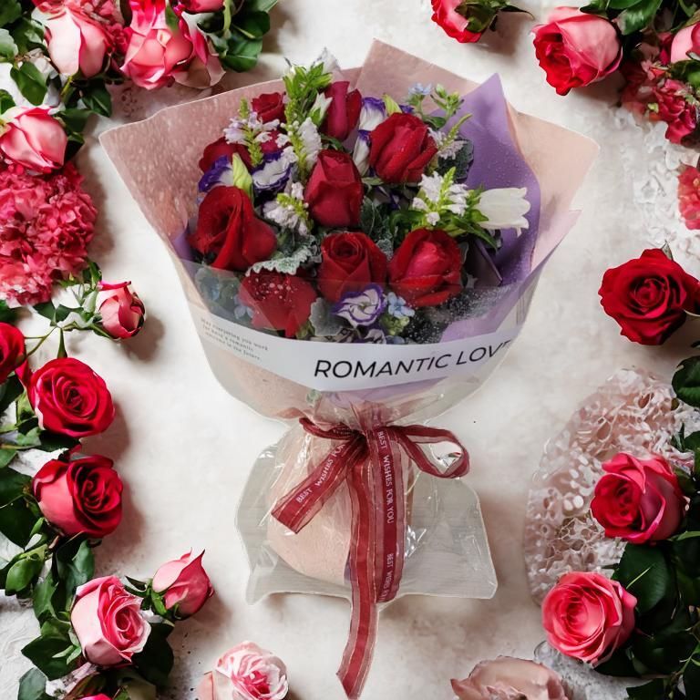 格蘭花店 - 屬於你的情深 鮮花花束 (紅玫瑰11支、噴泉草、藍星花等) [GF00328]