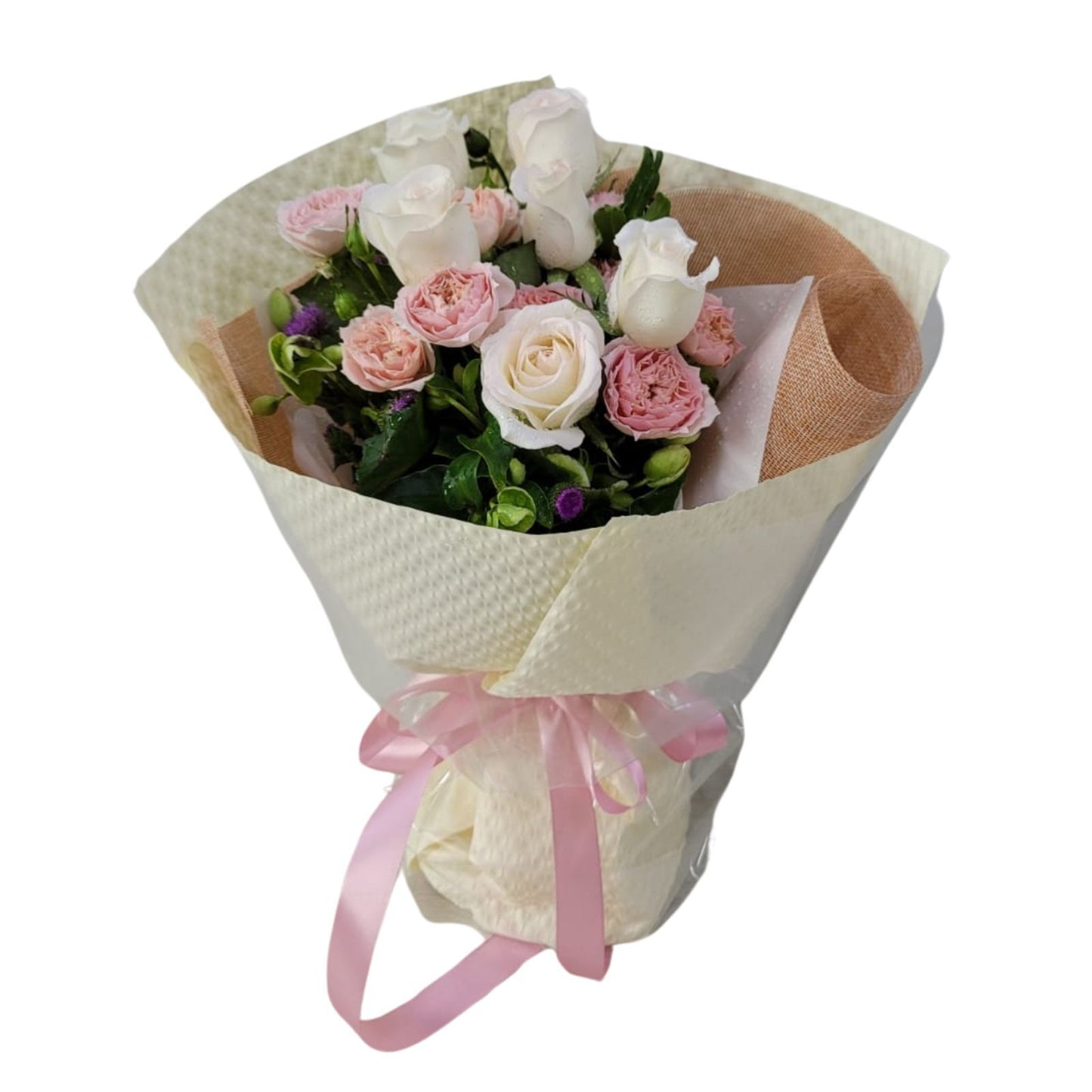 格蘭花店 - 編織的夢 鮮花花束 (白玫瑰6枝、粉色多頭小玫瑰3枝) [GF00329]