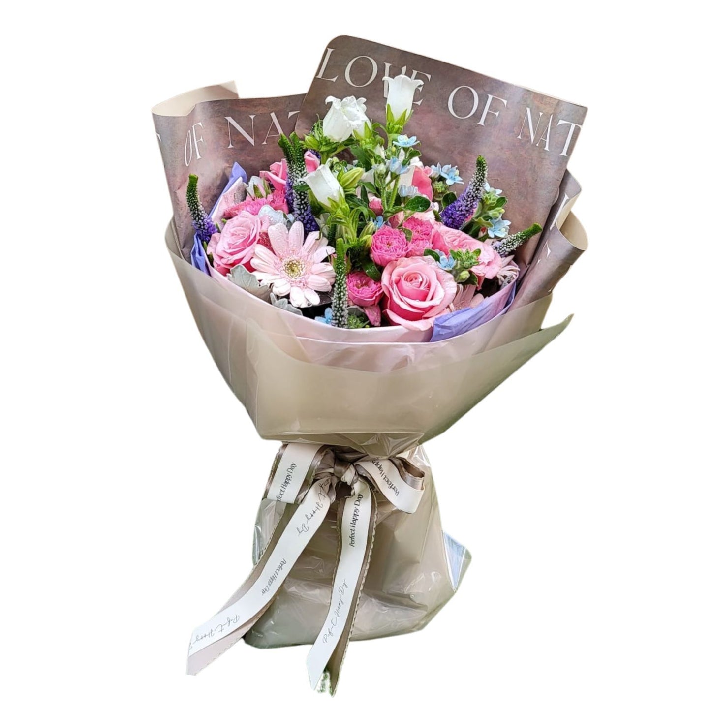 格蘭花店 - 愛的樂章 鮮花花束 (粉玫瑰11枝、太陽花風鈴、藍星花、鼠尾草及其襯花) [GF00338]