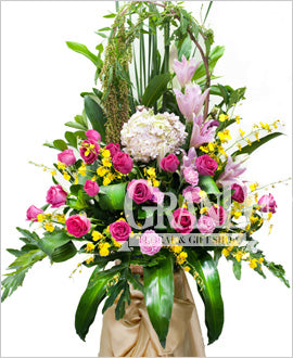 格蘭花店 - 開張花籃 (繡球花、玫瑰、百合、跳舞蘭及其他襯花) [GO16-20]