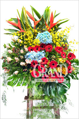 格蘭花店 - 開張花籃 (繡球花2個、蟹鉗、玫瑰、太陽花、跳舞蘭及其他襯花) [GO16-5]