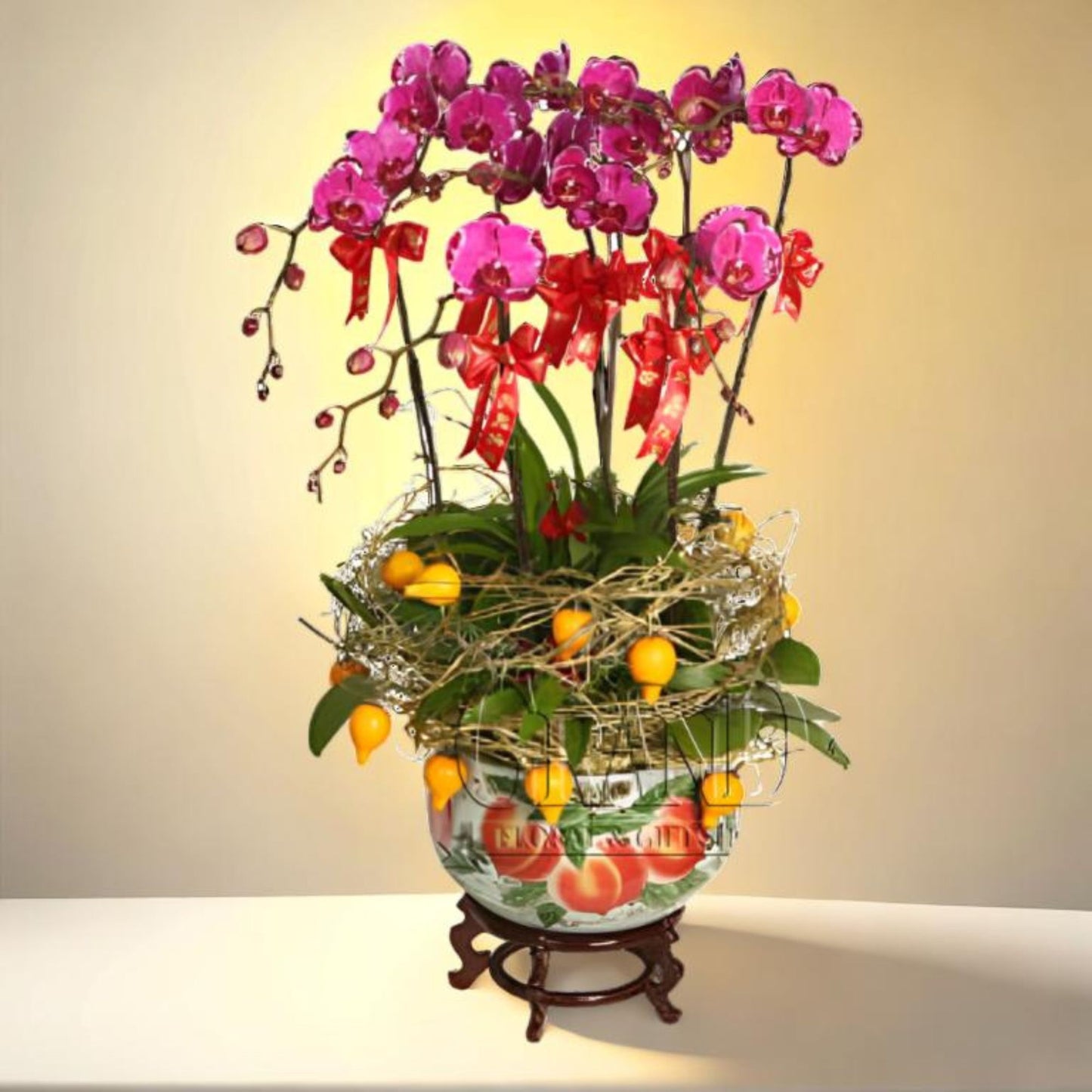 格蘭花店 - 如意吉祥蝴蝶蘭6棵配五代果配飾 [NY13OR-30] 蘭花 辦公室枱花 大堂枱花 開張 新春蘭花 年花 自家蘭花園種植