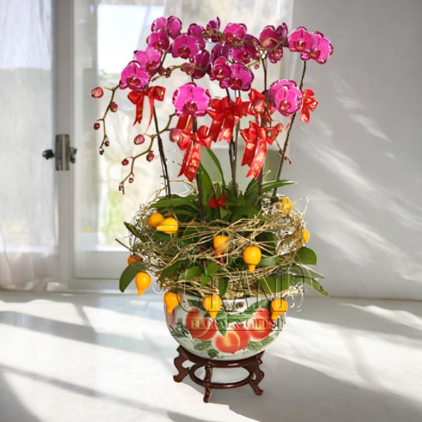 格蘭花店 - 如意吉祥蝴蝶蘭6棵配五代果配飾 [NY13OR-30] 蘭花 辦公室枱花 大堂枱花 開張 新春蘭花 年花 自家蘭花園種植