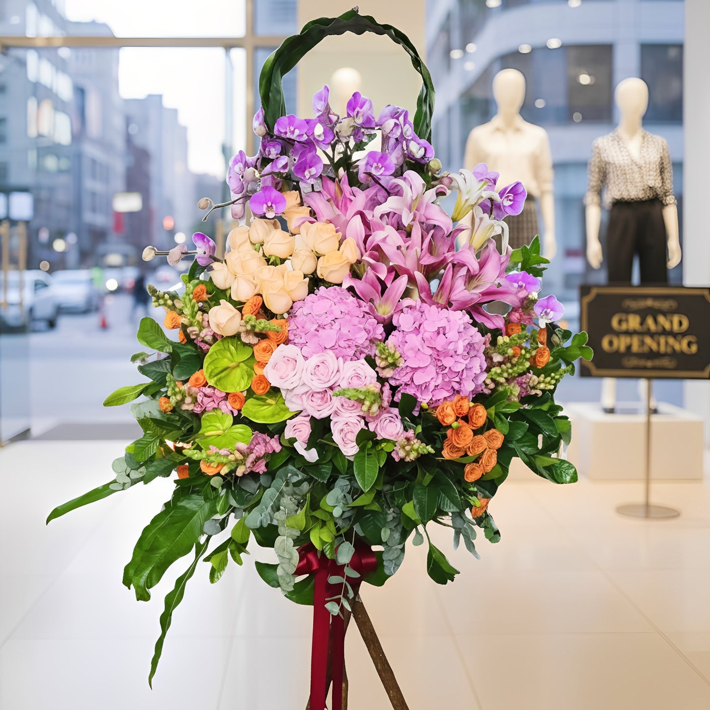 格蘭花店 - 開張花籃 (繡球花、粉玫瑰、香檳玫瑰、橙小玫、大飛燕、蝴蝶蘭、金魚草、綠掌、尤加利葉、龜背葉及其他襯花) [OS011]