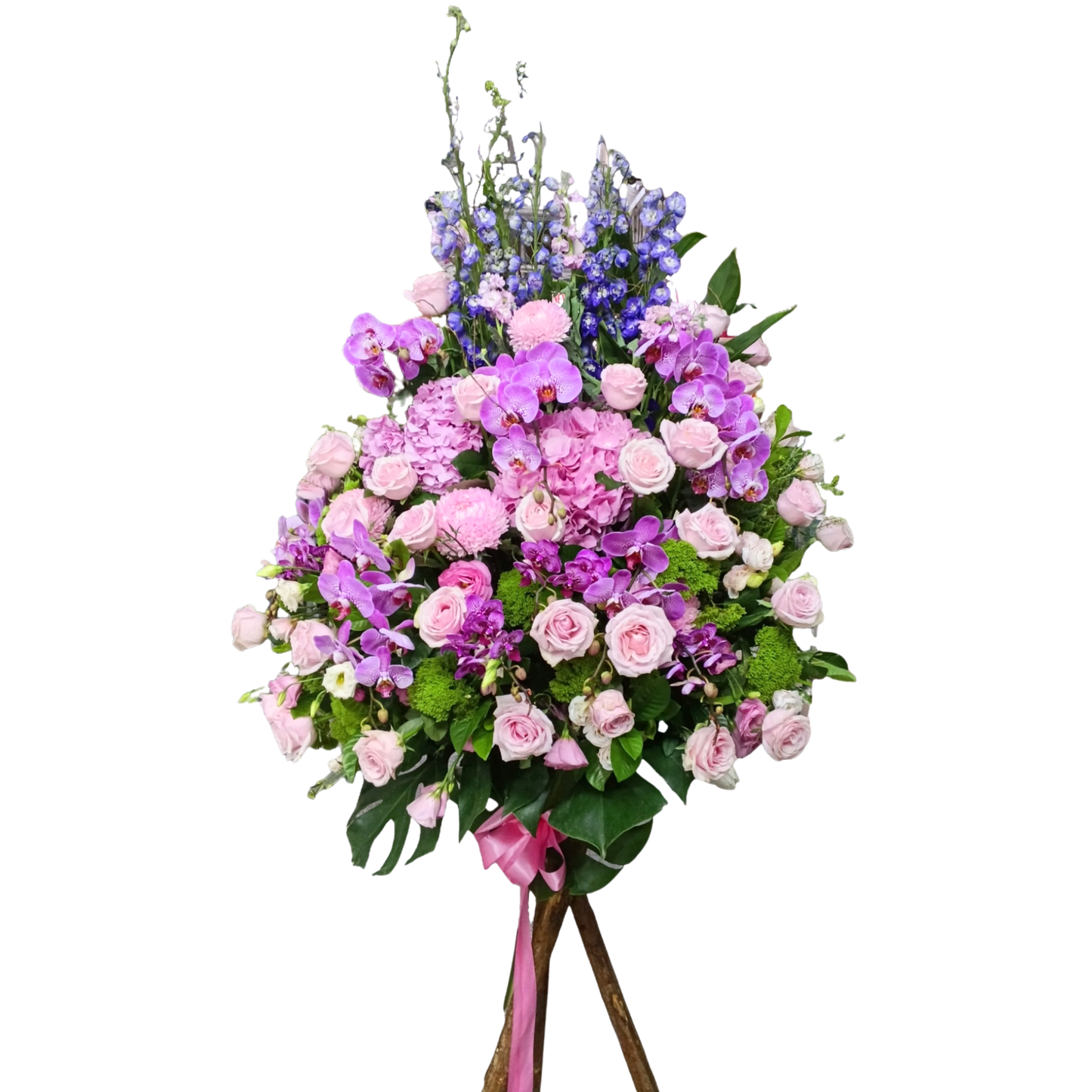 格蘭花店 - 開張花籃 (繡球花、粉玫瑰、大飛燕、蝴蝶蘭、夕霧草、龜背葉及其他襯花) [OS012]