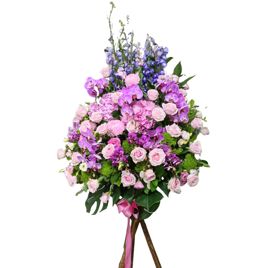 格蘭花店 - 開張花籃 (繡球花、粉玫瑰、大飛燕、蝴蝶蘭、夕霧草、龜背葉及其他襯花) [OS012]