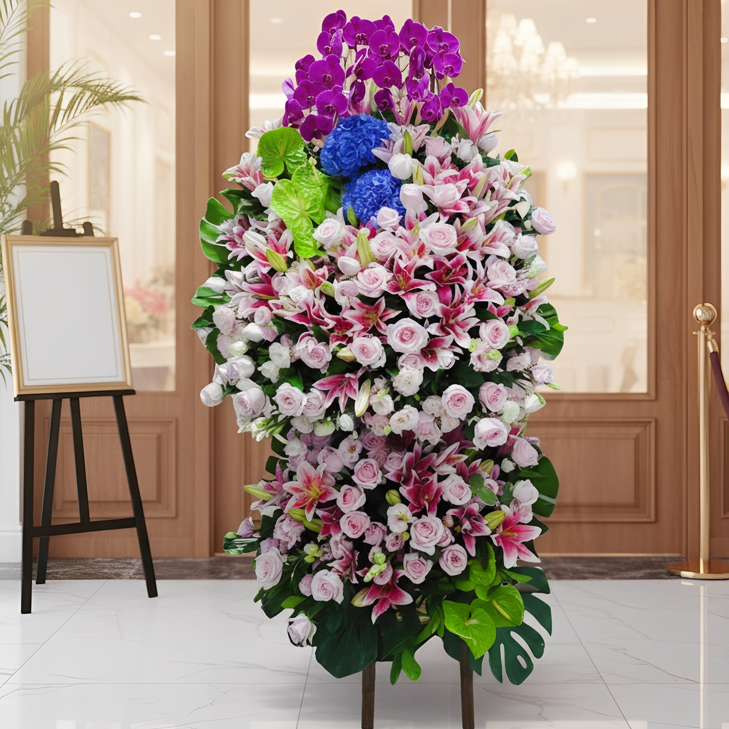 格蘭花店 - 雙層開張花籃 (繡球花、火百合、大綠掌、粉玫瑰、蝴蝶蘭、桔梗、龜背葉及其他襯花) [OS001]