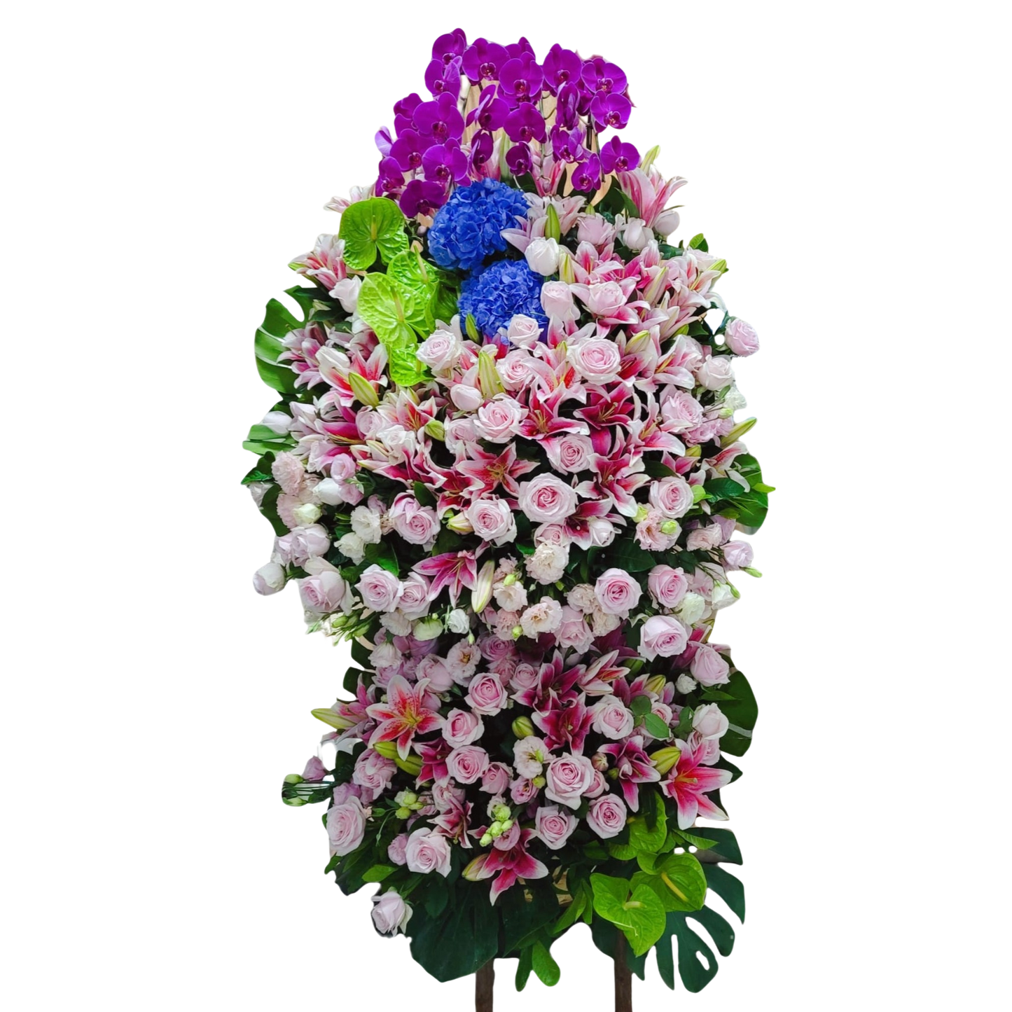 格蘭花店 - 雙層開張花籃 (繡球花、火百合、大綠掌、粉玫瑰、蝴蝶蘭、桔梗、龜背葉及其他襯花) [OS001]