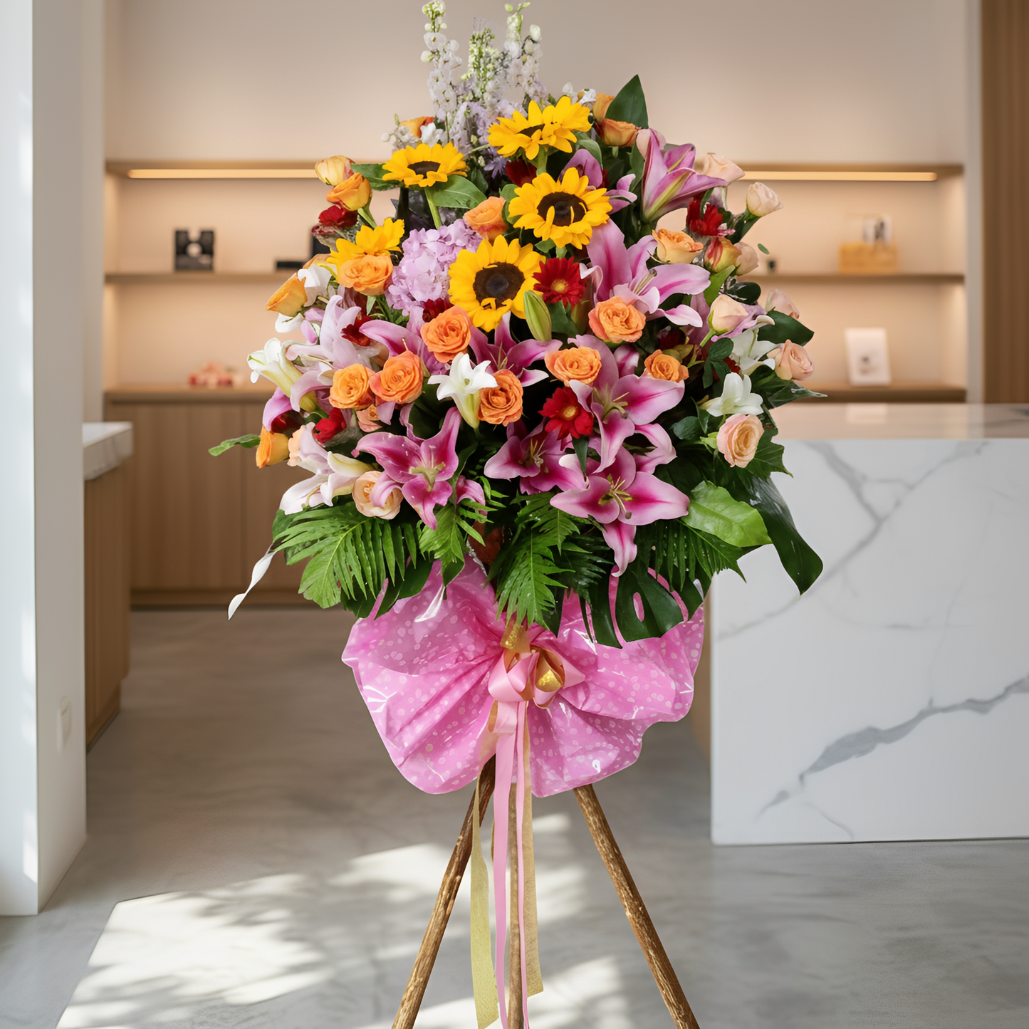 格蘭花店 - 開張花籃 (繡球花、火百合、大飛燕、向日葵、玫瑰、太陽花及其他襯花) [OS002]