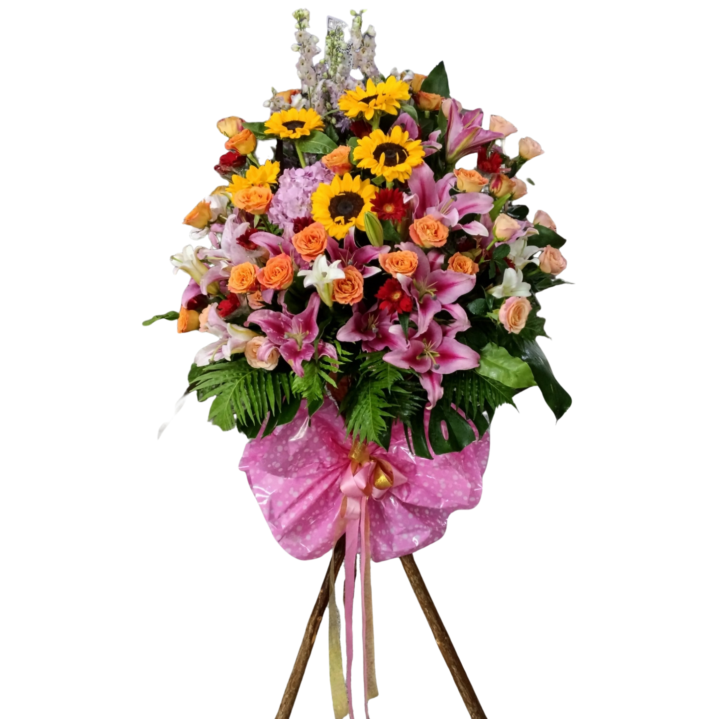 格蘭花店 - 開張花籃 (繡球花、火百合、大飛燕、向日葵、玫瑰、太陽花及其他襯花) [OS002]