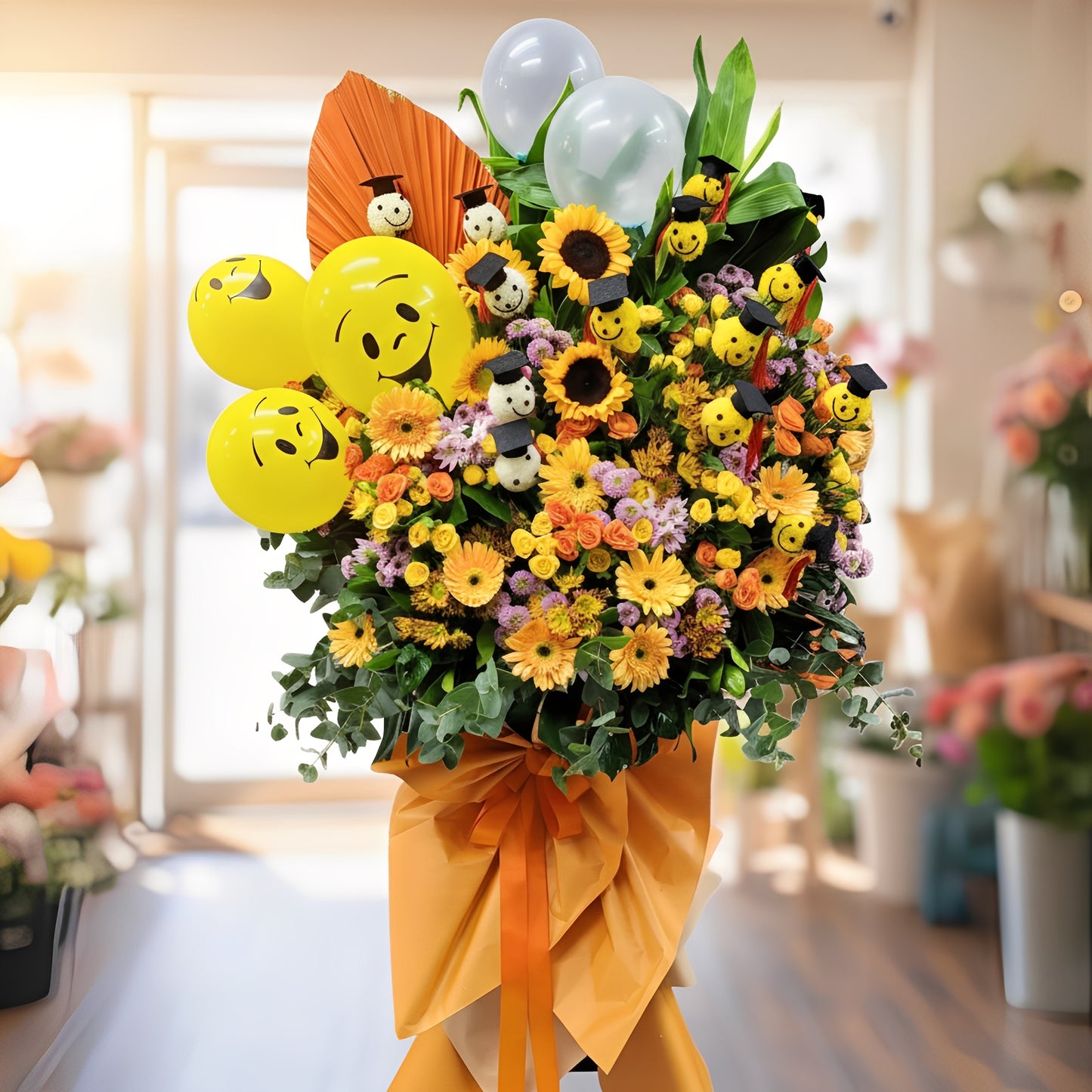 格蘭花店 - 開張花籃 (太陽花、小菊、乒乓菊、向日葵、黃小玫瑰、橙小玫、尤加利葉及其他襯花) [OS003]