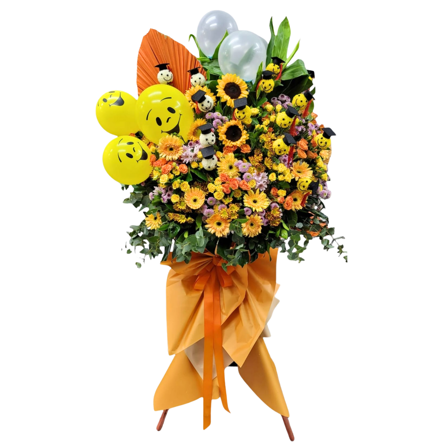 格蘭花店 - 開張花籃 (太陽花、小菊、乒乓菊、向日葵、黃小玫瑰、橙小玫、尤加利葉及其他襯花) [OS003]