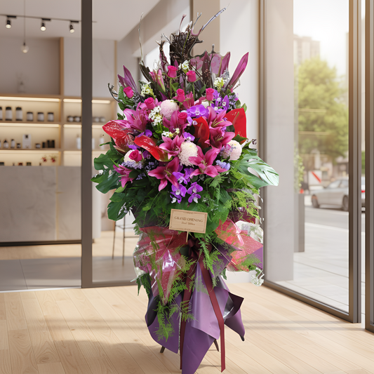 格蘭花店 - 開張花籃 (波波菊、火百合、大紅掌、紅玫瑰、蝴蝶蘭、大眼雀梅、紅鐵葉、龜背葉及其他襯花) [OS004]