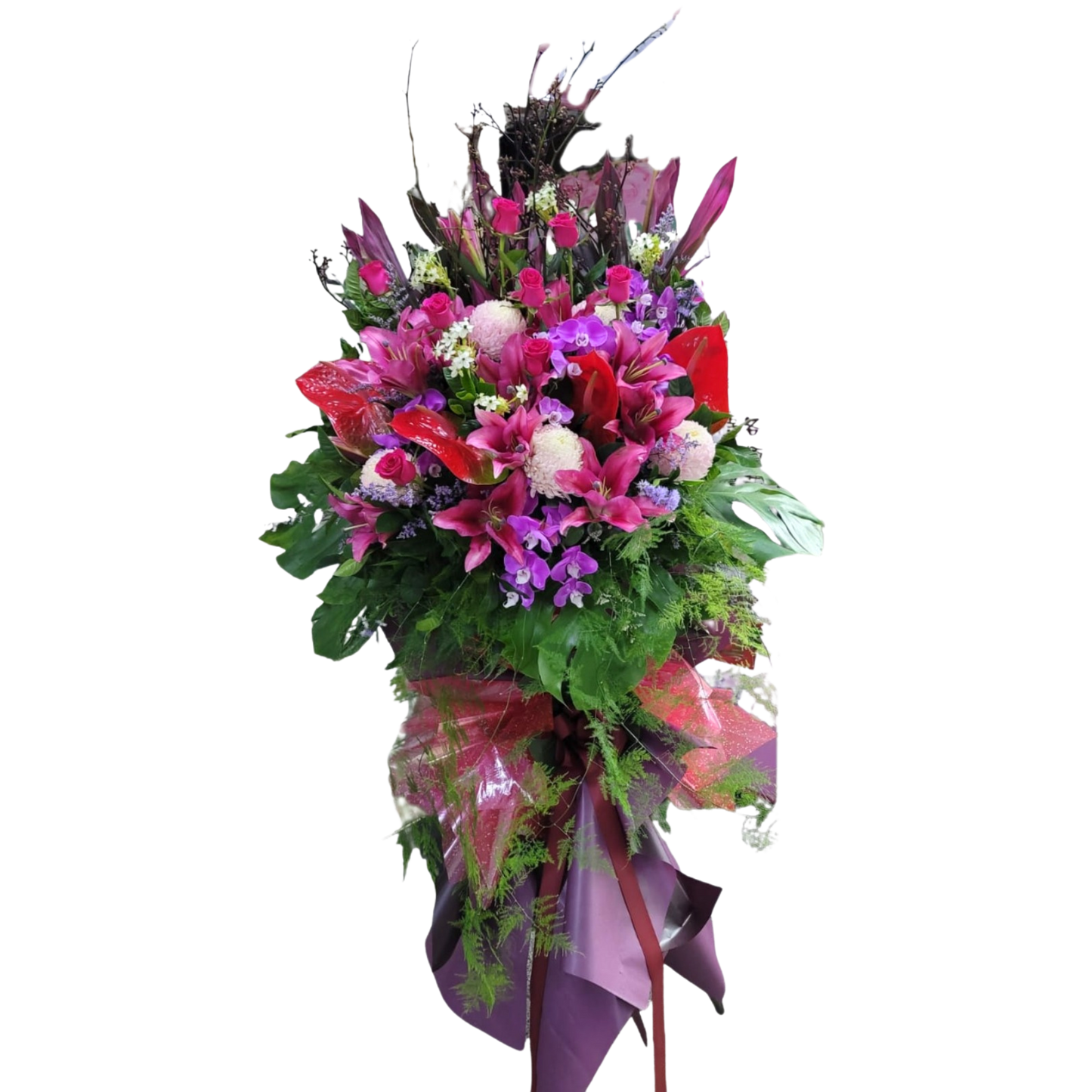 格蘭花店 - 開張花籃 (波波菊、火百合、大紅掌、紅玫瑰、蝴蝶蘭、大眼雀梅、紅鐵葉、龜背葉及其他襯花) [OS004]