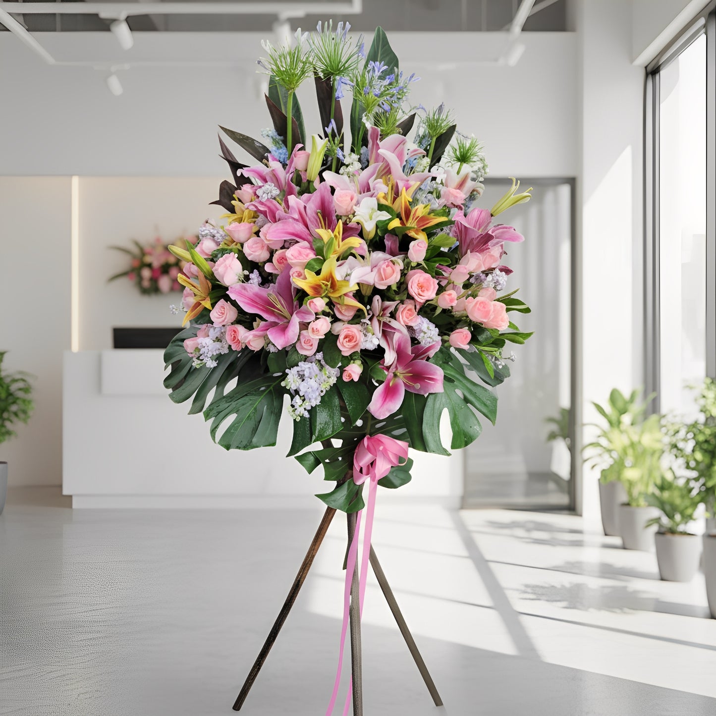 格蘭花店 - 開張花籃 (愛情花、火百合、百合、粉玫瑰、紫羅蘭、鐵葉、龜背葉及其他襯花) [OS005]