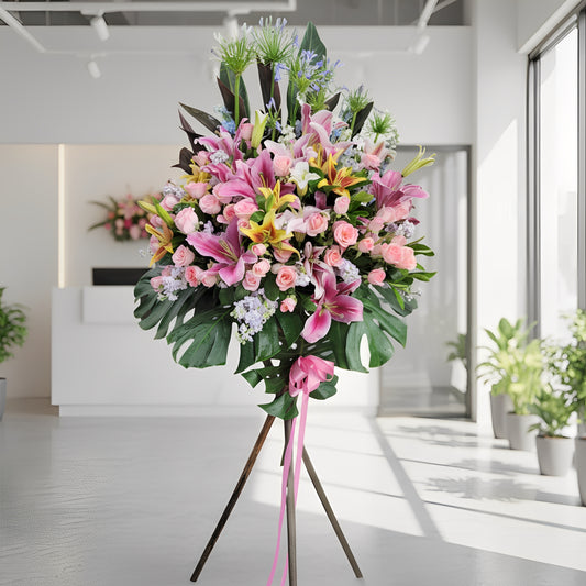 格蘭花店 - 開張花籃 (愛情花、火百合、百合、粉玫瑰、紫羅蘭、鐵葉、龜背葉及其他襯花) [OS005]