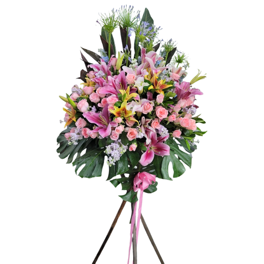 格蘭花店 - 開張花籃 (愛情花、火百合、百合、粉玫瑰、紫羅蘭、鐵葉、龜背葉及其他襯花) [OS005]