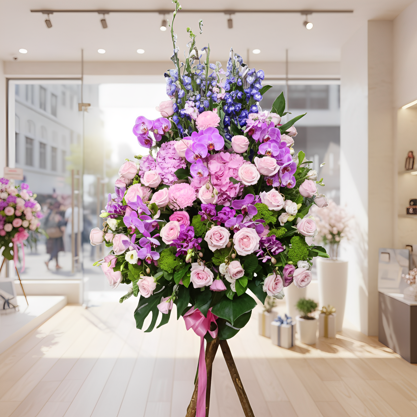 格蘭花店 - 開張花籃 (繡球花、粉玫瑰、大飛燕、蝴蝶蘭、夕霧草、龜背葉及其他襯花) [OS012]